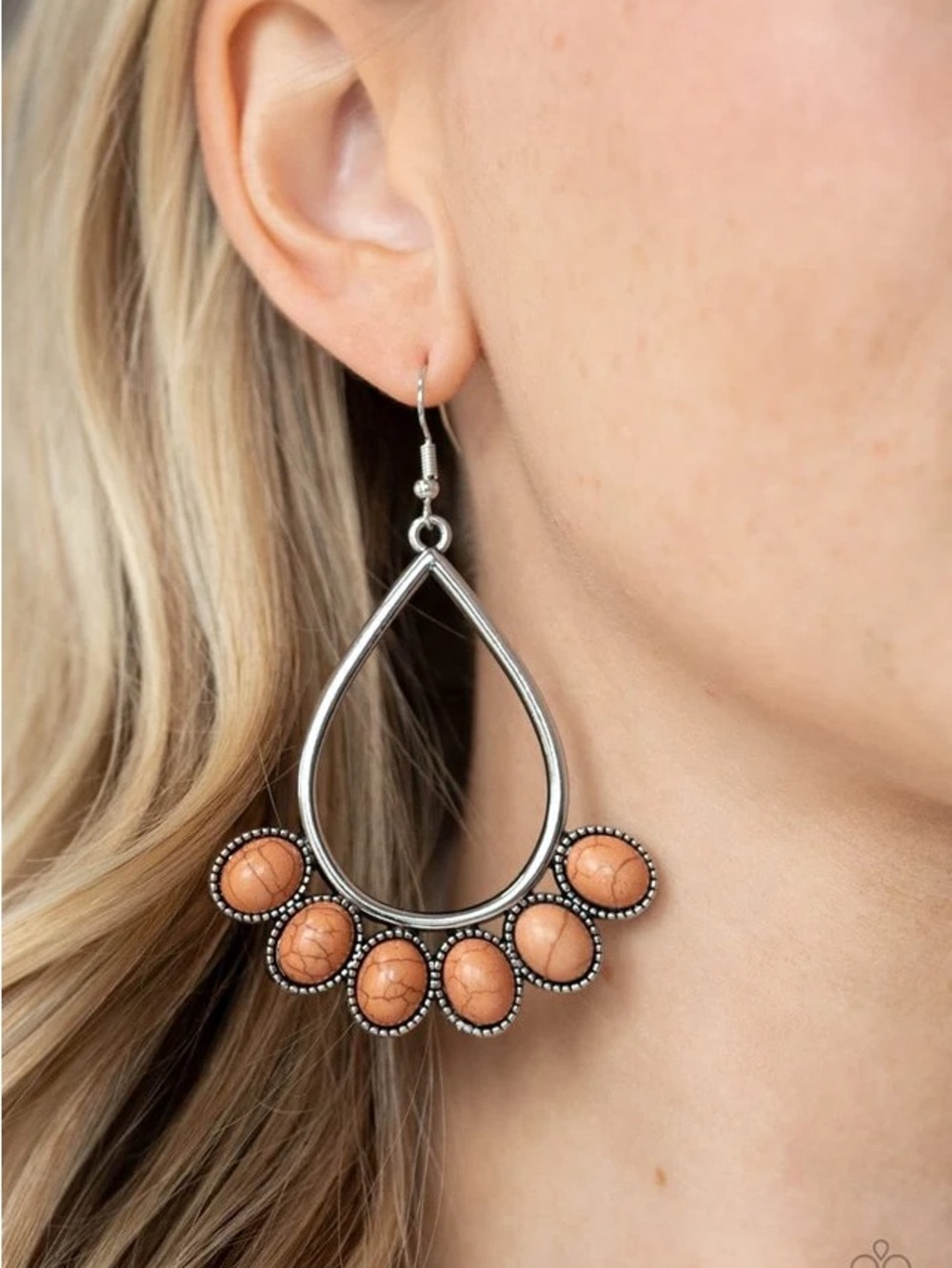 Silver Teardrop Earrings with Brown Cabochon Accents